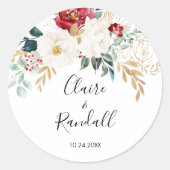 Gold Burgundy White Floral Ronde Sticker (Voorkant)