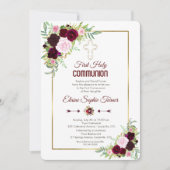 Gold Burgundy White Roses First Heilige Communie Kaart (Voorkant)