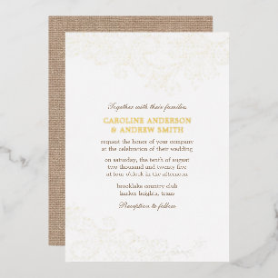 Gold Burlap en Lace Rustic Glam Wedding Folie Uitnodiging