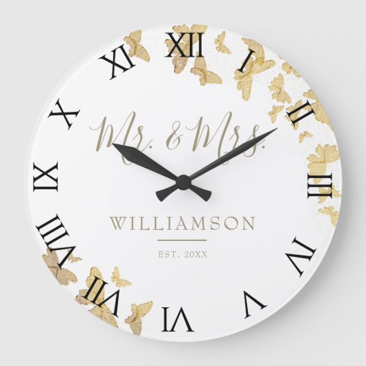 Gold Butterflies Boho Chic Wedding Jubileum Grote Klok (Voorkant)