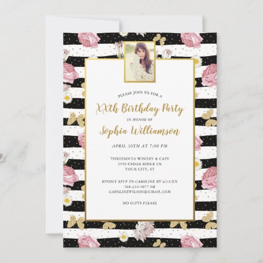 Gold Butterflies Floral Print Birthday Foto Kaart (Voorkant)