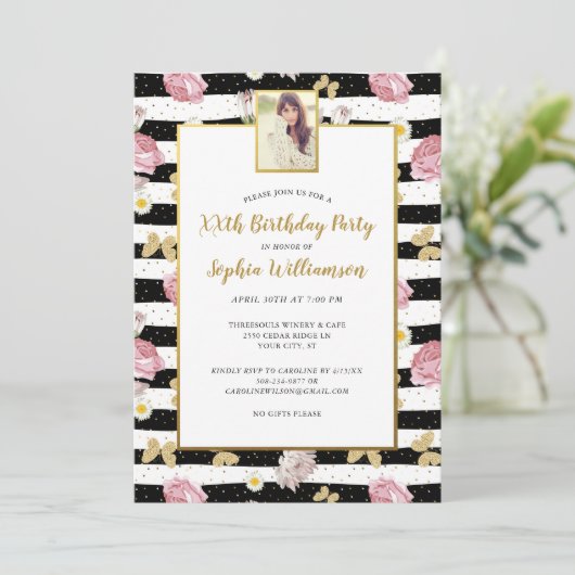 Gold Butterflies Floral Print Birthday Foto Kaart (Staand voorkant)