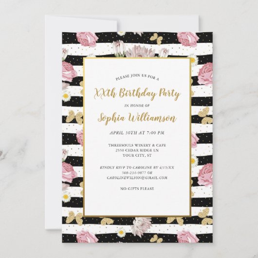 Gold Butterflies Floral Stripe Pattern Birthday Kaart (Voorkant)