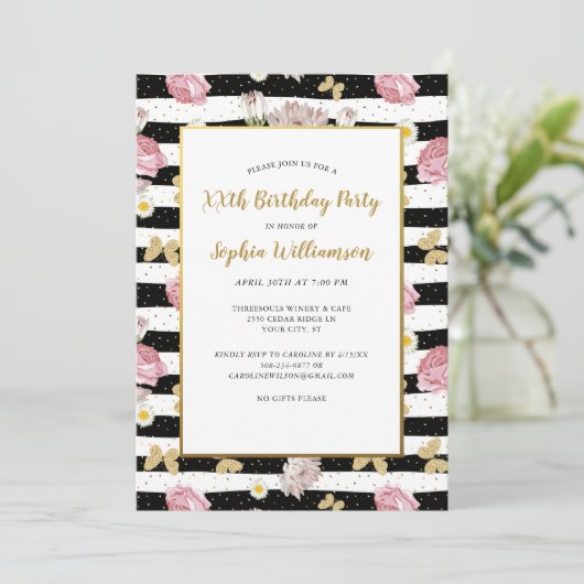 Gold Butterflies Floral Stripe Pattern Birthday Kaart (Staand voorkant)