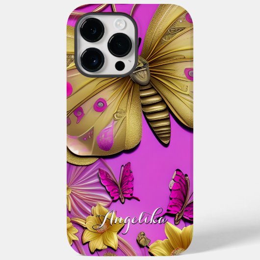Gold Butterflies Hot-Roze, gepersonaliseerde naam Case-Mate iPhone Case (Achterkant)