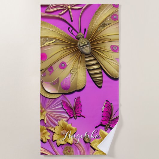 Gold Butterflies Hot-Roze, gepersonaliseerde naam Strandlaken (Voorkant)