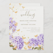 Gold Butterflies Paarse Hydrangea Rustic Wedding Kaart (Voorkant / Achterkant)