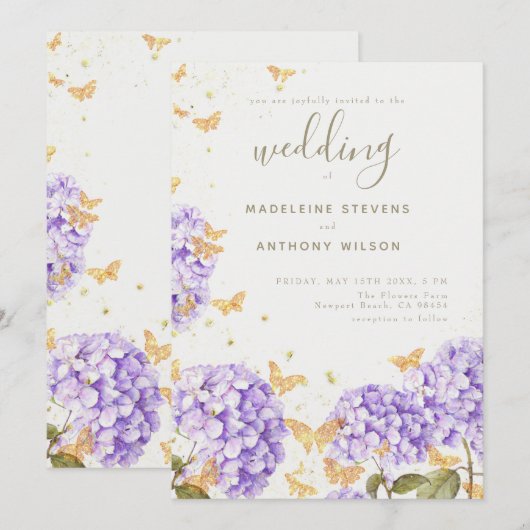 Gold Butterflies Paarse Hydrangea Rustic Wedding Kaart (Voorkant / Achterkant)