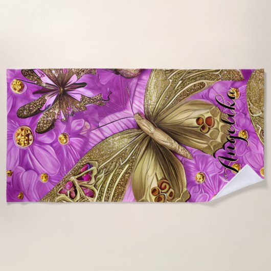 Gold Butterflies Pink Flowers Persoonlijke naam Strandlaken (Voorkant)