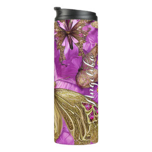 Gold Butterflies Pink Flowers Persoonlijke naam Thermosbeker