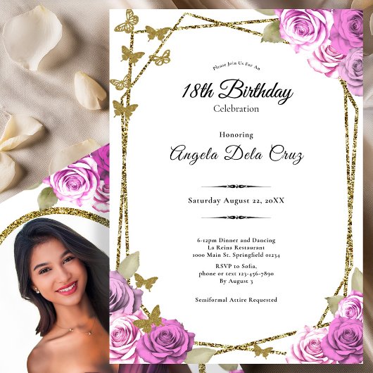 Gold Butterflies Pink Roses 18th Debut Birthday Kaart