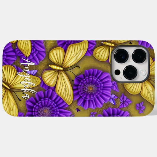 Gold Butterflies Purple Flowers Persoonlijke naam Case-Mate iPhone Case (Achterkant (horizontaal))