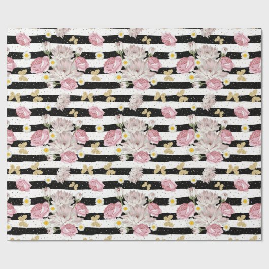 Gold Butterflies Rozen Daisies Floral Pattern Gift Cadeaupapier (Vlak)