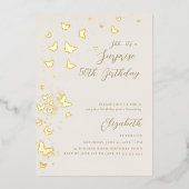 Gold Butterflies Surprise Party Gold 50ste verjaar Folie Uitnodiging (Voorkant)