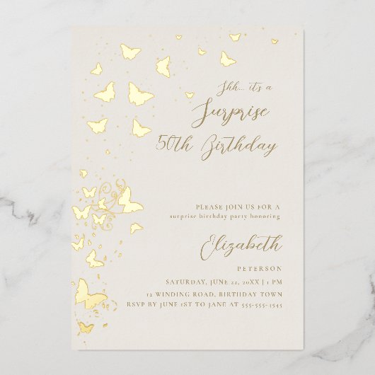 Gold Butterflies Surprise Party Gold 50ste verjaar Folie Uitnodiging (Voorkant)