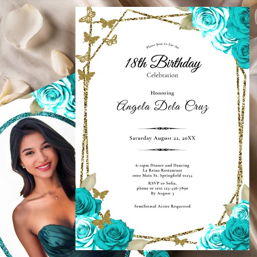 Gold Butterflies Teal Roses 18th Debut Birthday Kaart