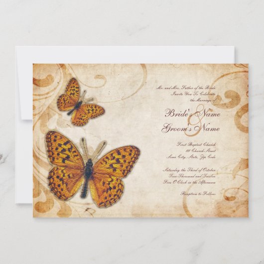 Gold Butterflies Vintage Wedding Invitation Kaart (Voorkant)