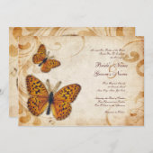 Gold Butterflies Vintage Wedding Invitation Kaart (Voorkant / Achterkant)