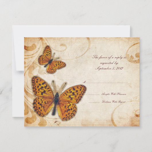 Gold Butterflies Vintage Wedding RSVP (Voorkant)