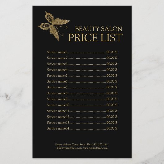 Gold Butterfly Beauty Care Black Price List Flyer (Voorkant)