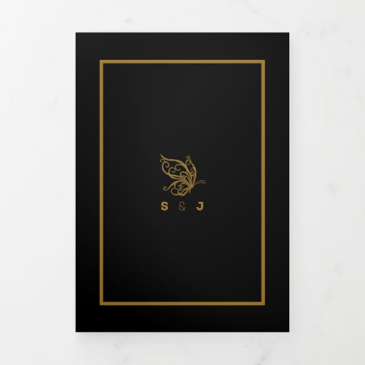 Gold Butterfly, Black & Gold Wedding Suite Drieluik Uitnodiging (Cover)