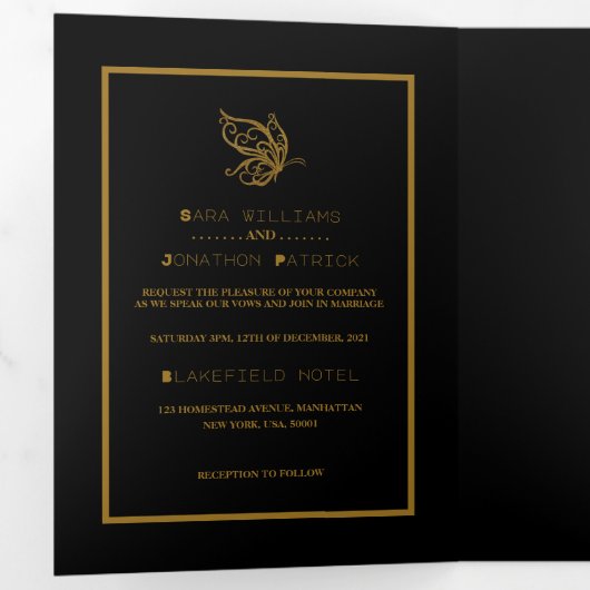 Gold Butterfly, Black & Gold Wedding Suite Drieluik Uitnodiging (Binnenzijde eerst)