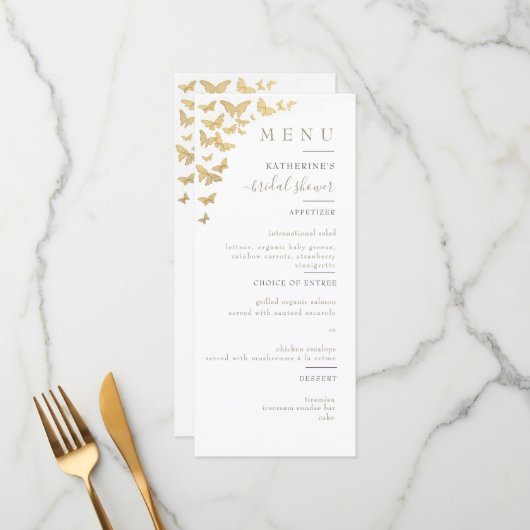 Gold Butterfly Boho Elegant Simple Vrijgezellenfee Menu (Voorkant / Achterkant in situ)