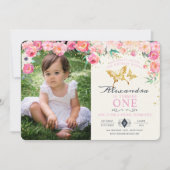 Gold Butterfly en Pink Floral Birthday Invitation Kaart (Voorkant)