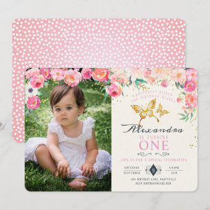 Gold Butterfly en Pink Floral Birthday Invitation Kaart