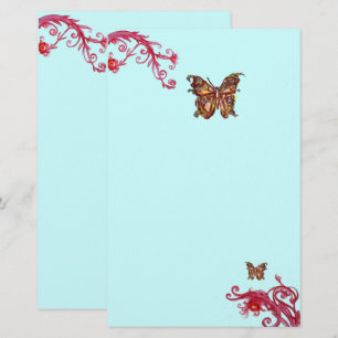 GOLD BUTTERFLY EN RED BERRIES Blauwgroen Blue Flor Briefpapier