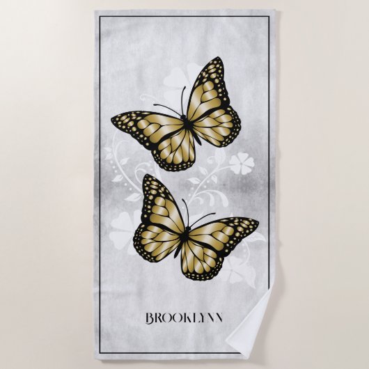 Gold Butterfly Floral Beach Towel Strandlaken (Voorkant)