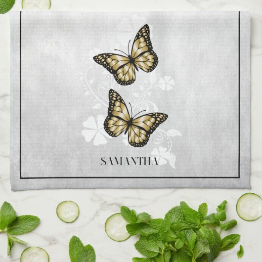 Gold Butterfly Floral Kitchen Towel Theedoek (Gevouwen)