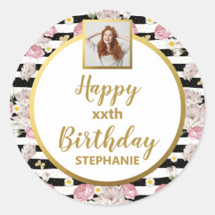 Gold Butterfly Floral Pattern Happy Birthday Foto Ronde Sticker