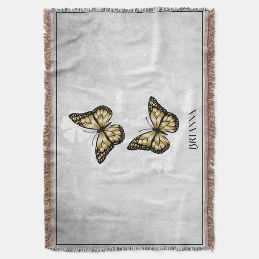 Gold Butterfly Floral Personalized Throw Blanket Deken (Voorkant Verticaal)