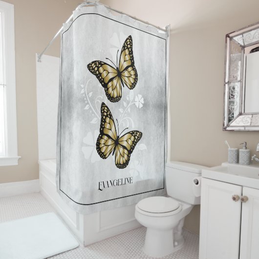 Gold Butterfly Floral Shower Curtain Douchegordijn (In situ)