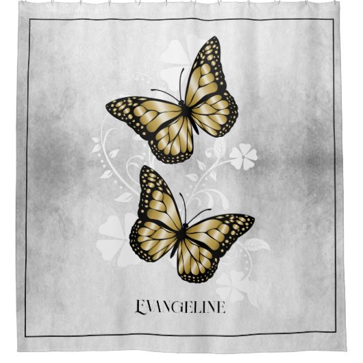 Gold Butterfly Floral Shower Curtain Douchegordijn (Voorkant)