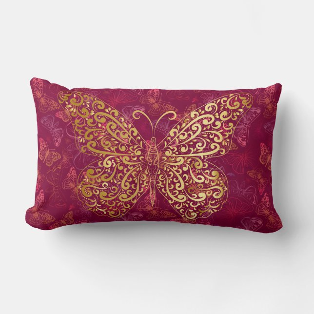 Gold Butterfly Flourish on Burgundy Magenta Accent Kussen (Voorkant)