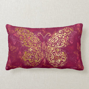 Gold Butterfly Flourish on Burgundy Magenta Accent Kussen