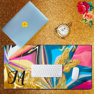Gold Butterfly Flower Monogram Vloeibaar Abstract Bureaumat