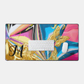 Gold Butterfly Flower Monogram Vloeibaar Abstract Bureaumat (Keyboard & Muis)