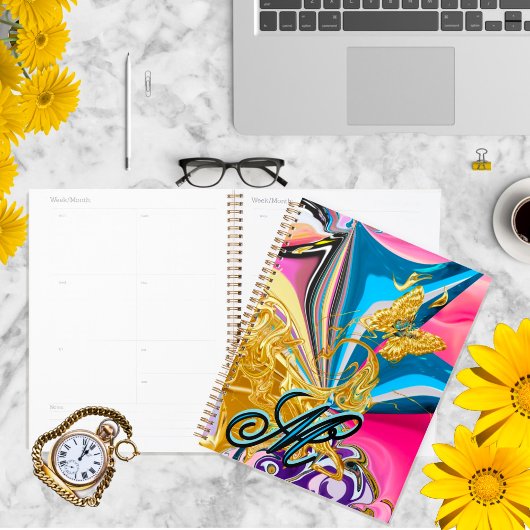 Gold Butterfly Flower Monogram Vloeibaar Abstract Planner