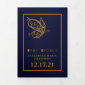Gold Butterfly, Navy Blue Baby shower Suite Drieluik Uitnodiging (Cover)