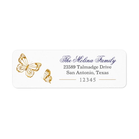 Gold Butterfly Navy Blue Return Label (Voorkant)
