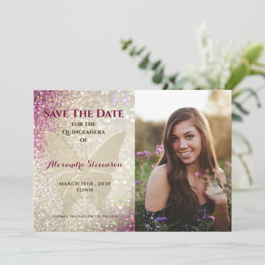 Gold Butterfly Quinceañera Save The Date (Staand voorkant)