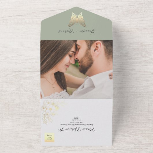 Gold Butterfly Sage Green Wedding All In One Uitnodiging (Buitenkant)