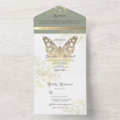 Gold Butterfly Sage Green Wedding All In One Uitnodiging (Binnen)