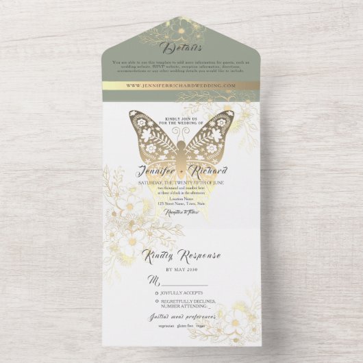 Gold Butterfly Sage Green Wedding All In One Uitnodiging (Binnen)