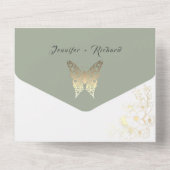 Gold Butterfly Sage Green Wedding All In One Uitnodiging (Achterkant)