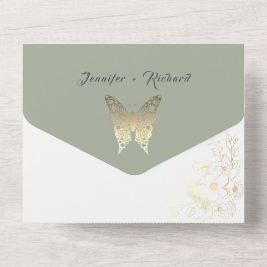 Gold Butterfly Sage Green Wedding All In One Uitnodiging (Achterkant)
