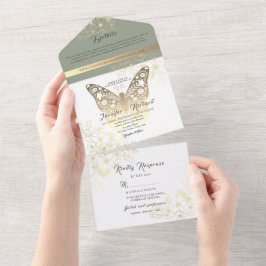 Gold Butterfly Sage Green Wedding All In One Uitnodiging